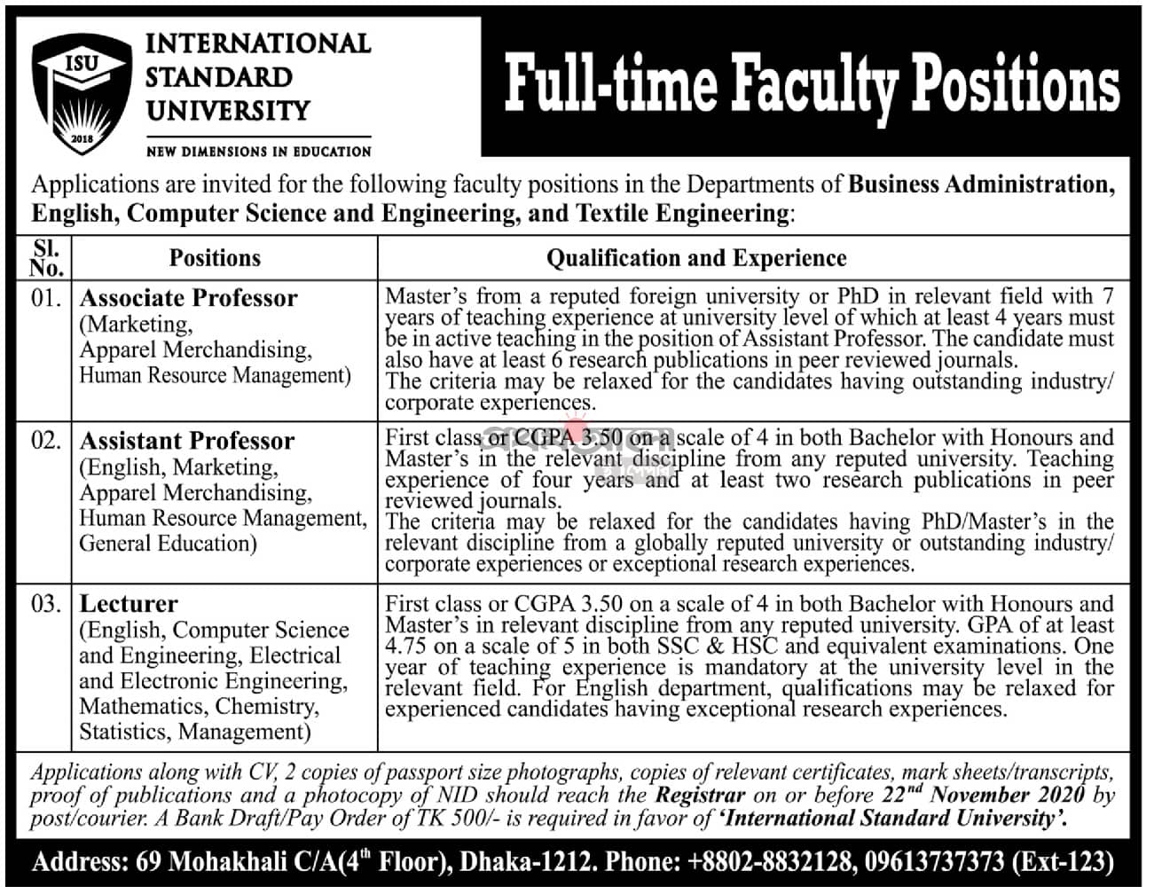 Private University Job Circular For Teaching At Isu