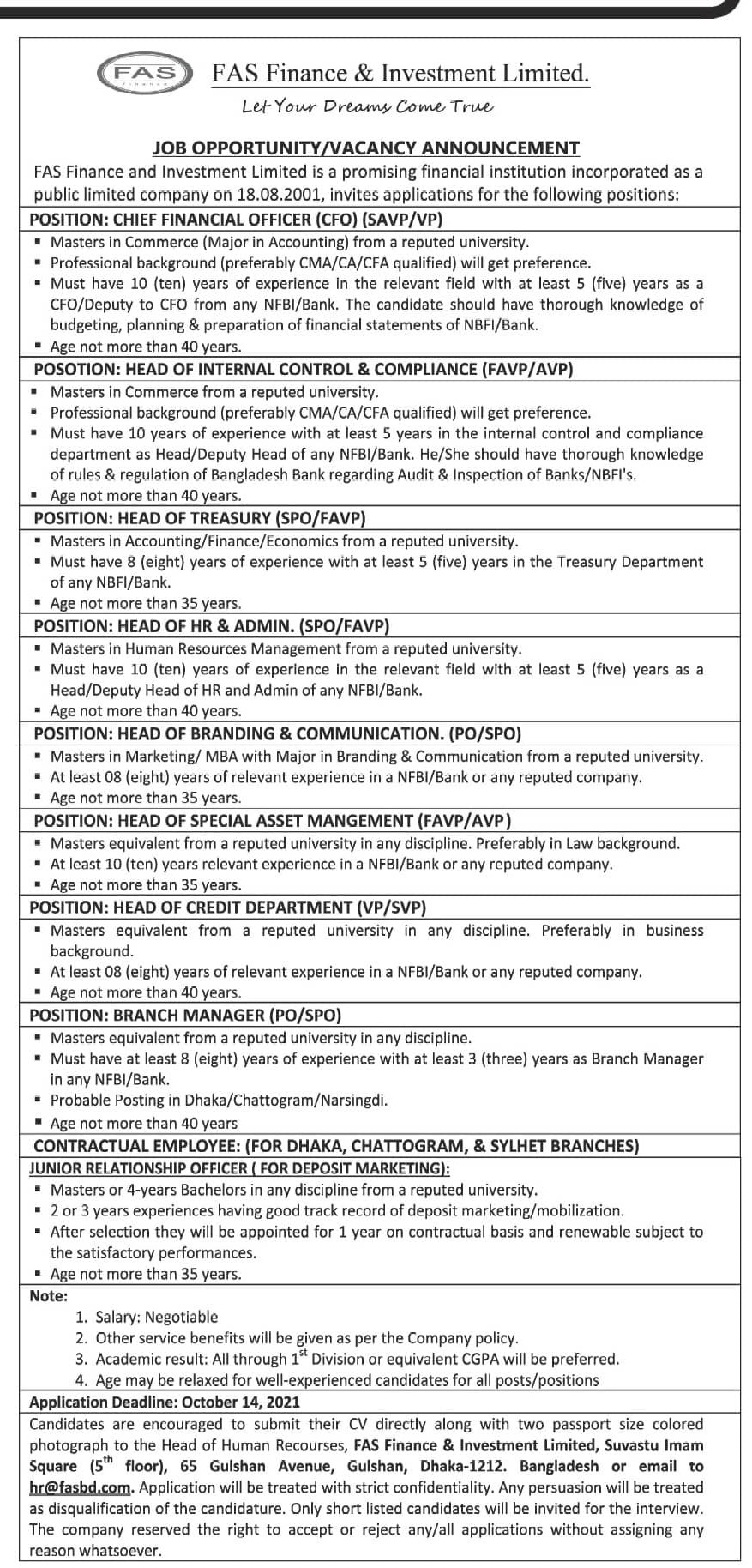FAS Finance and Investment Job Circular