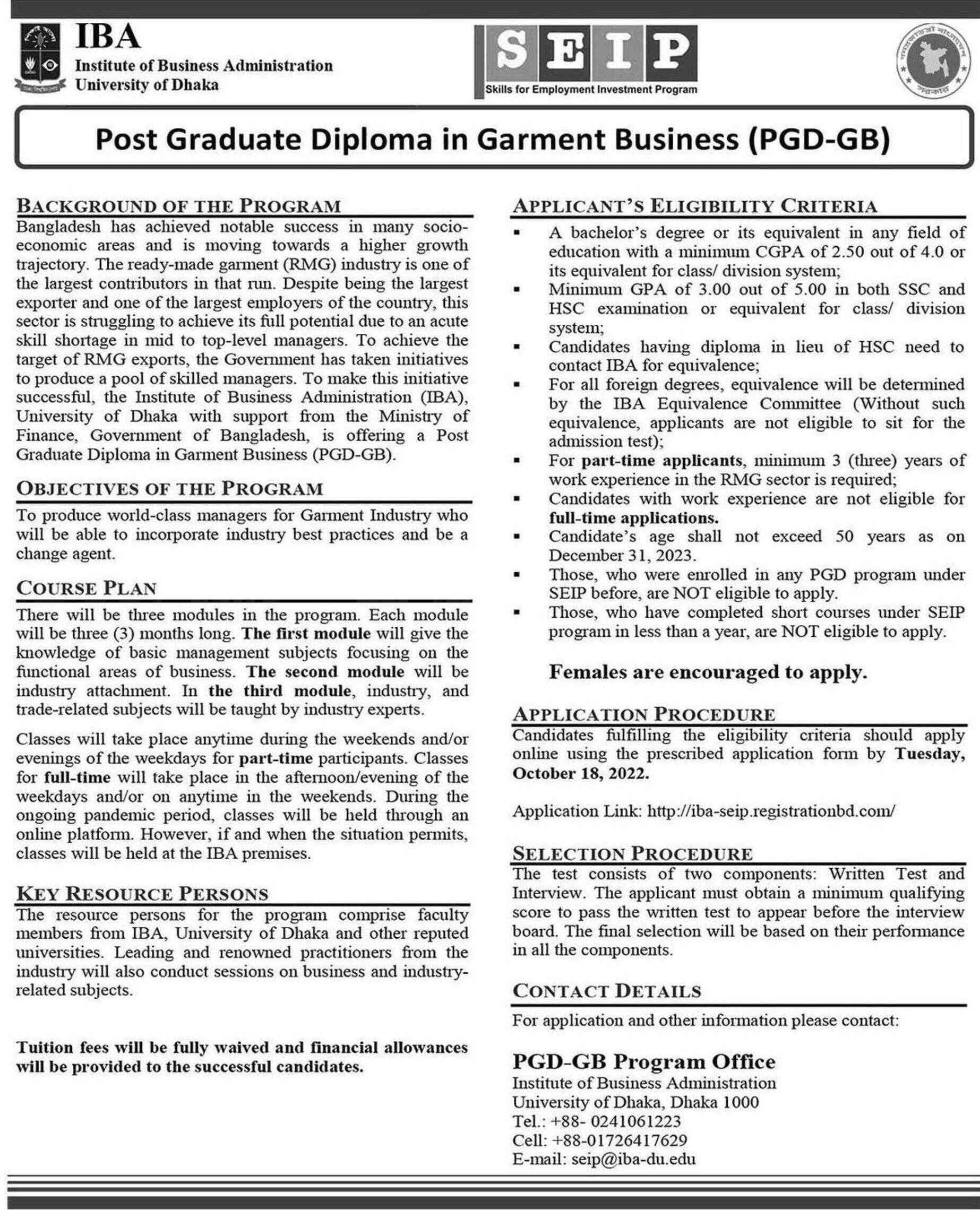 Free Post Graduate Diploma in Garment Business