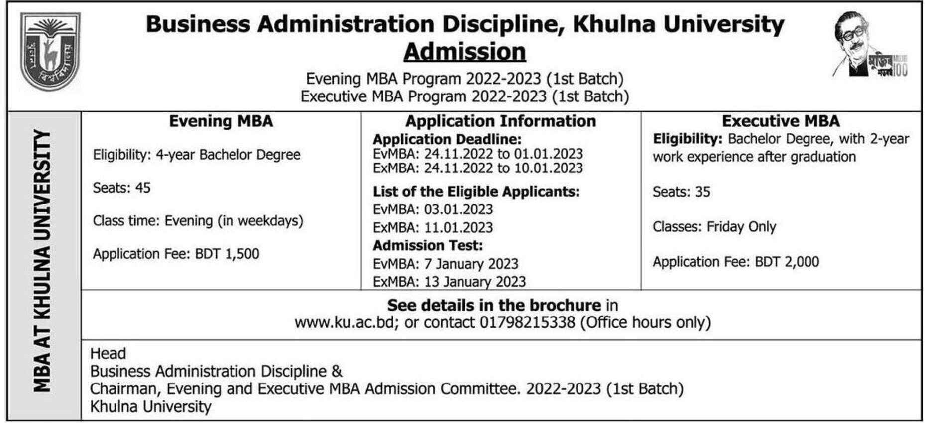KU Admission circular for Evening and Executive MBA Program