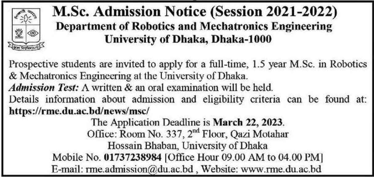 Admission Notice for Master in Robotics and Mechatronics Engineering