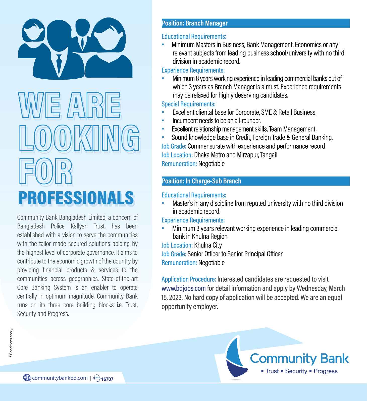 Community Bank job circular for experienced professionals