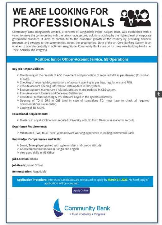 Community Bank job circular for experienced professionals