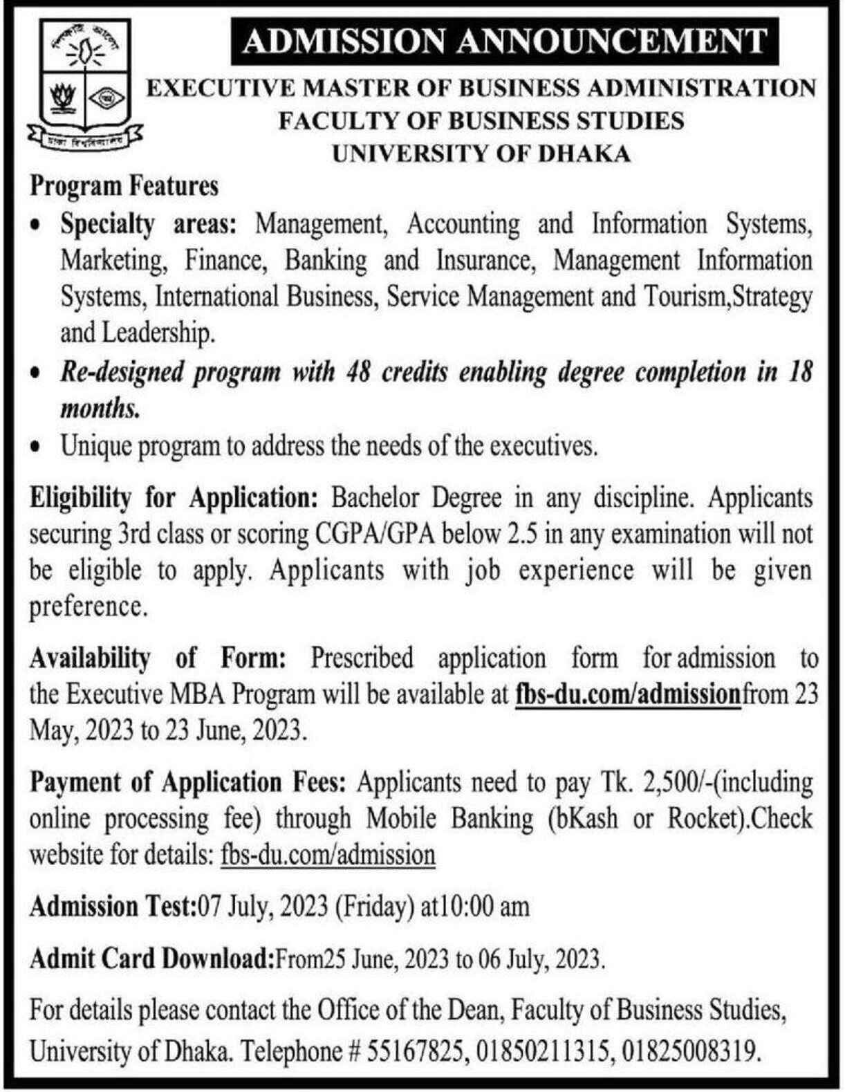 DU Evening MBA Admission Circular DU Executive MBA Program