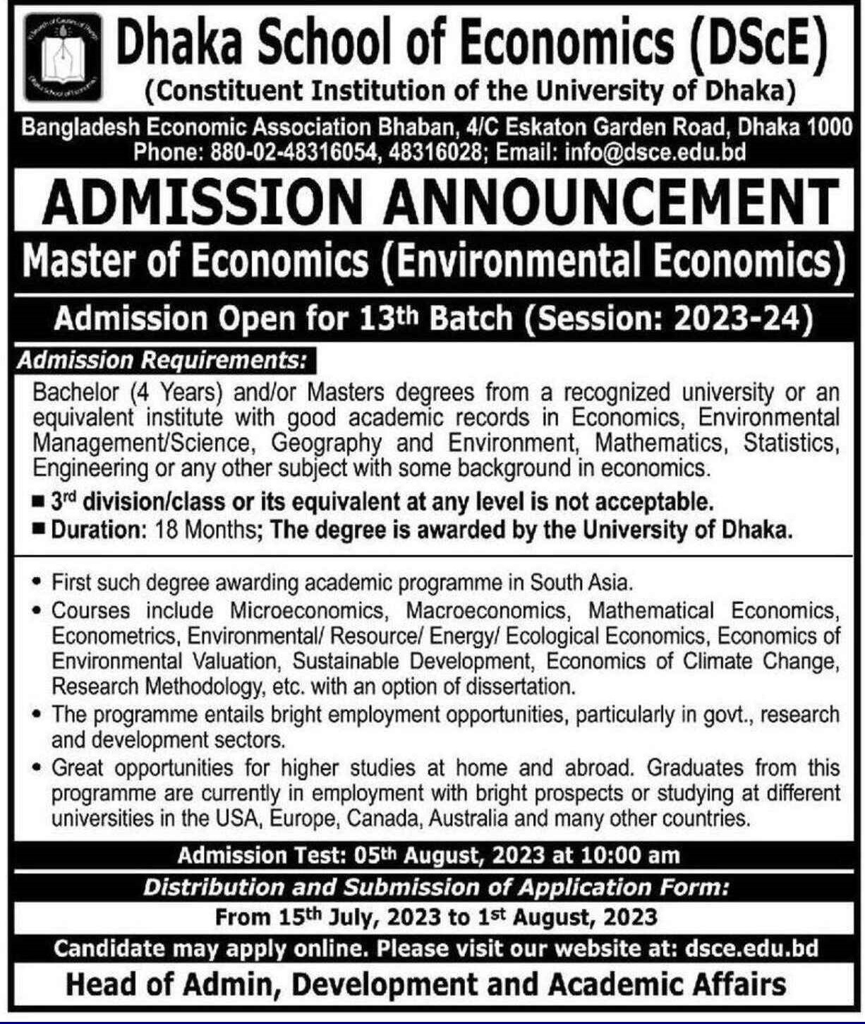 Dhaka School of Economics Admission for Master of Environmental Economics