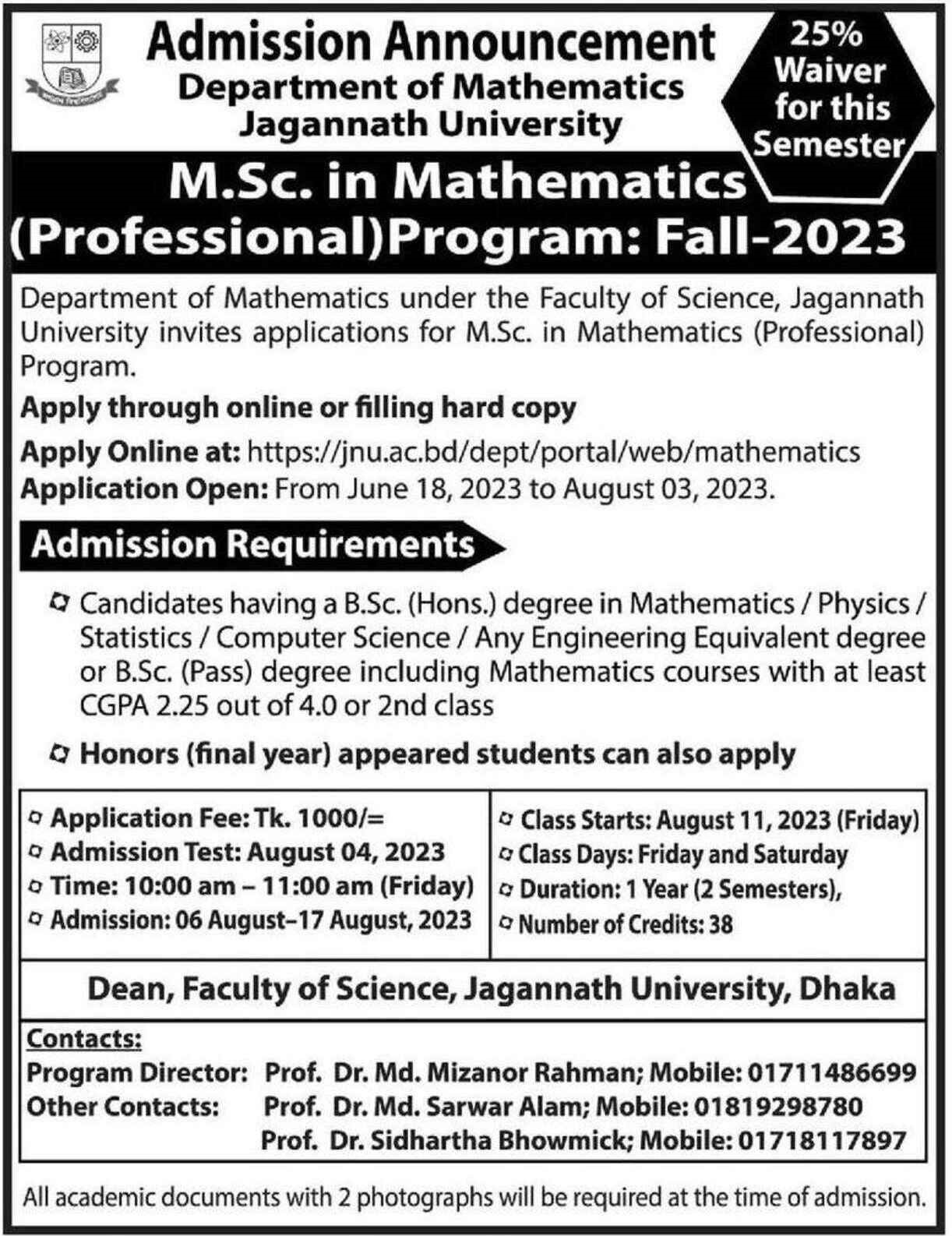 MSc in Mathematics in Bangladesh