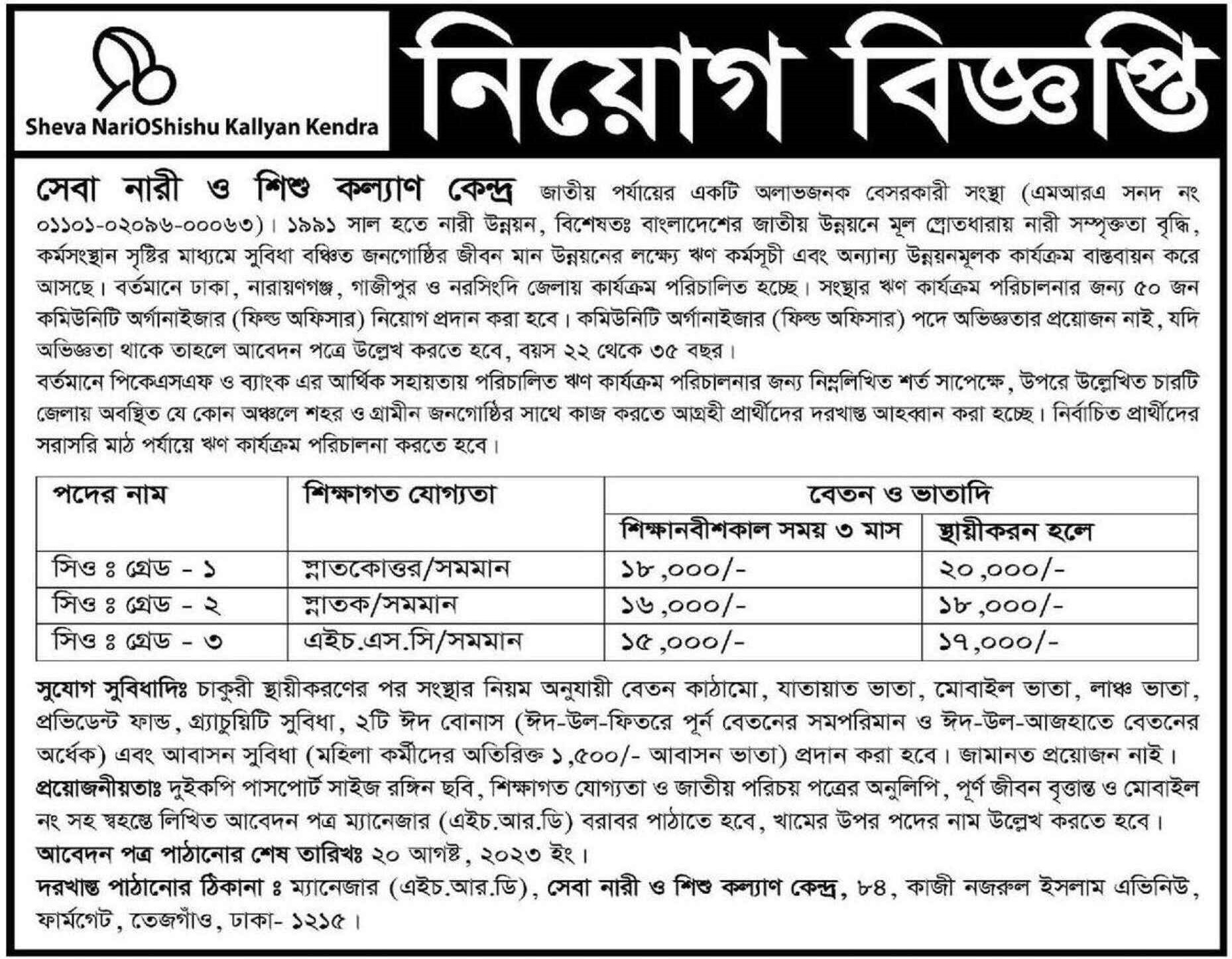 NGO job in Bangladesh in Sheva NariOshishu Kallyan Kendra