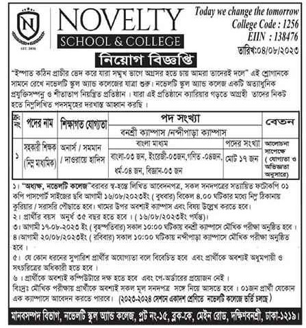 Novelty School and College Job Circular