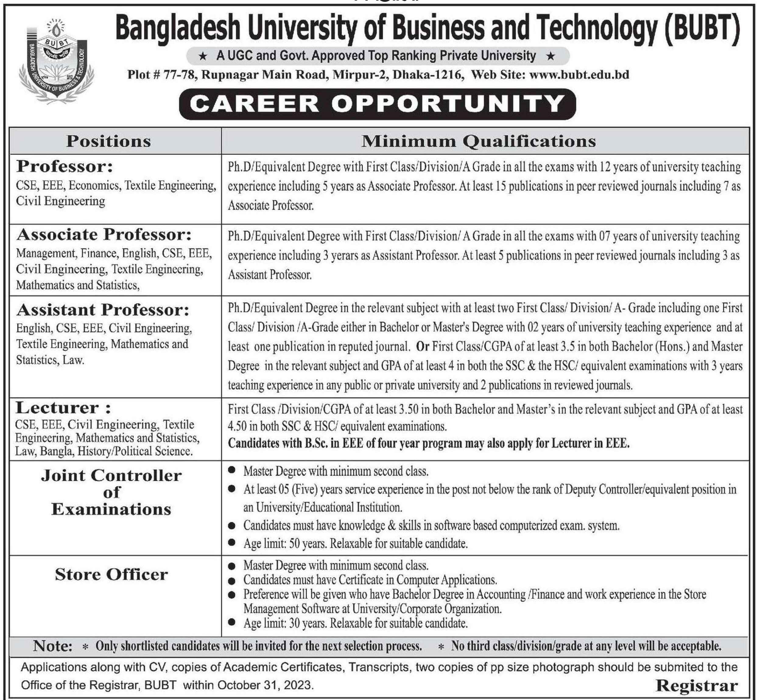 BUBT Job Circular for academic and administrative positions