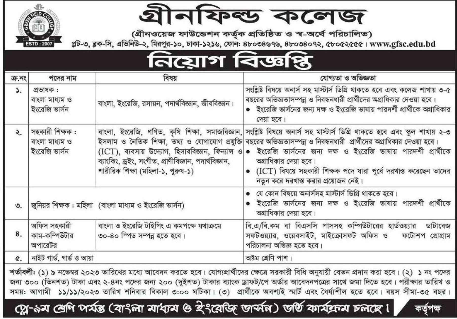 College job and School Job Circular from Green Field School and College