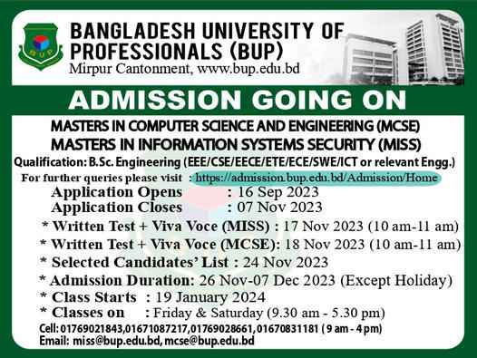 BUP Admission in Post Graduate Program