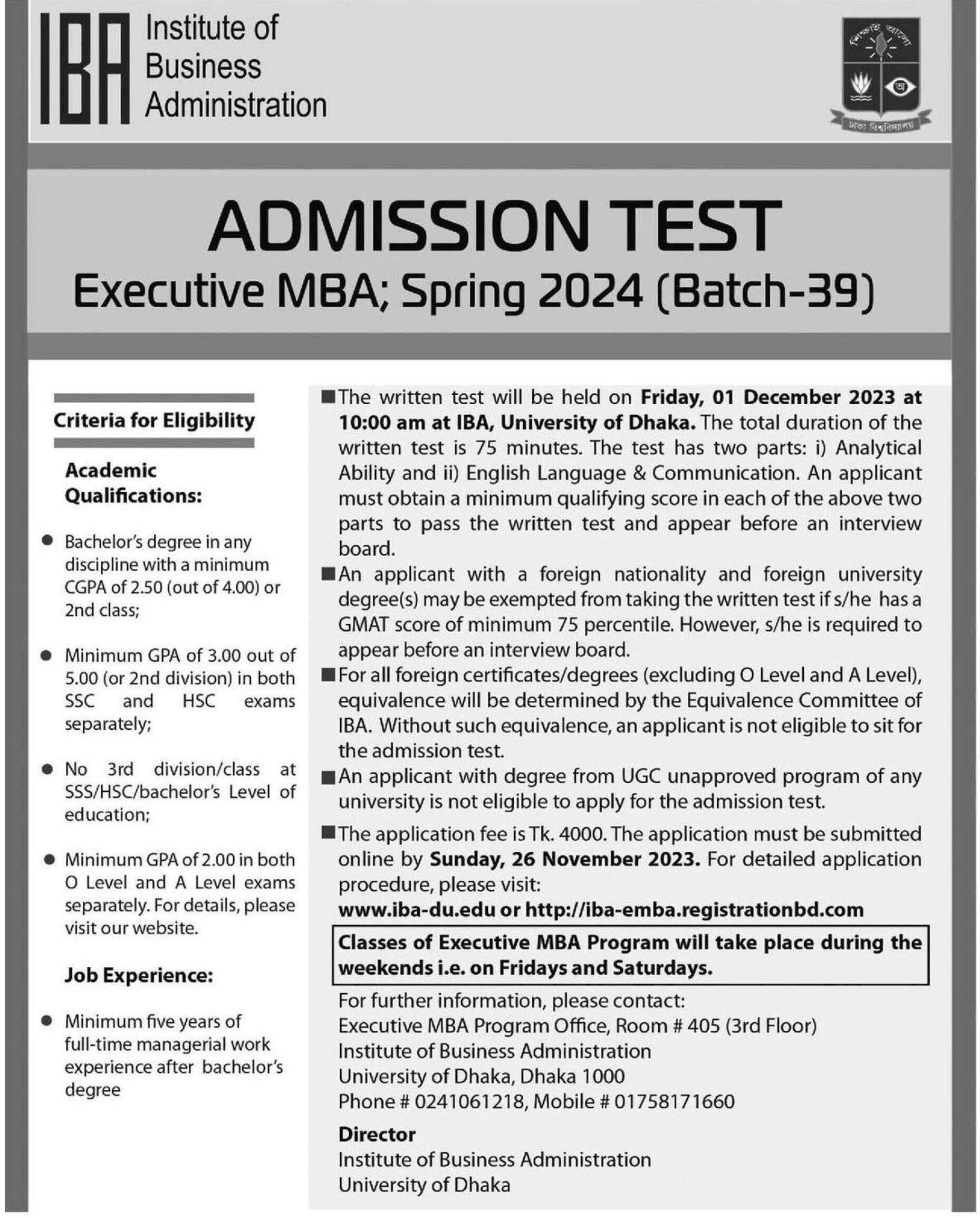 DU Evening MBA Admission Circular | DU Executive MBA Program