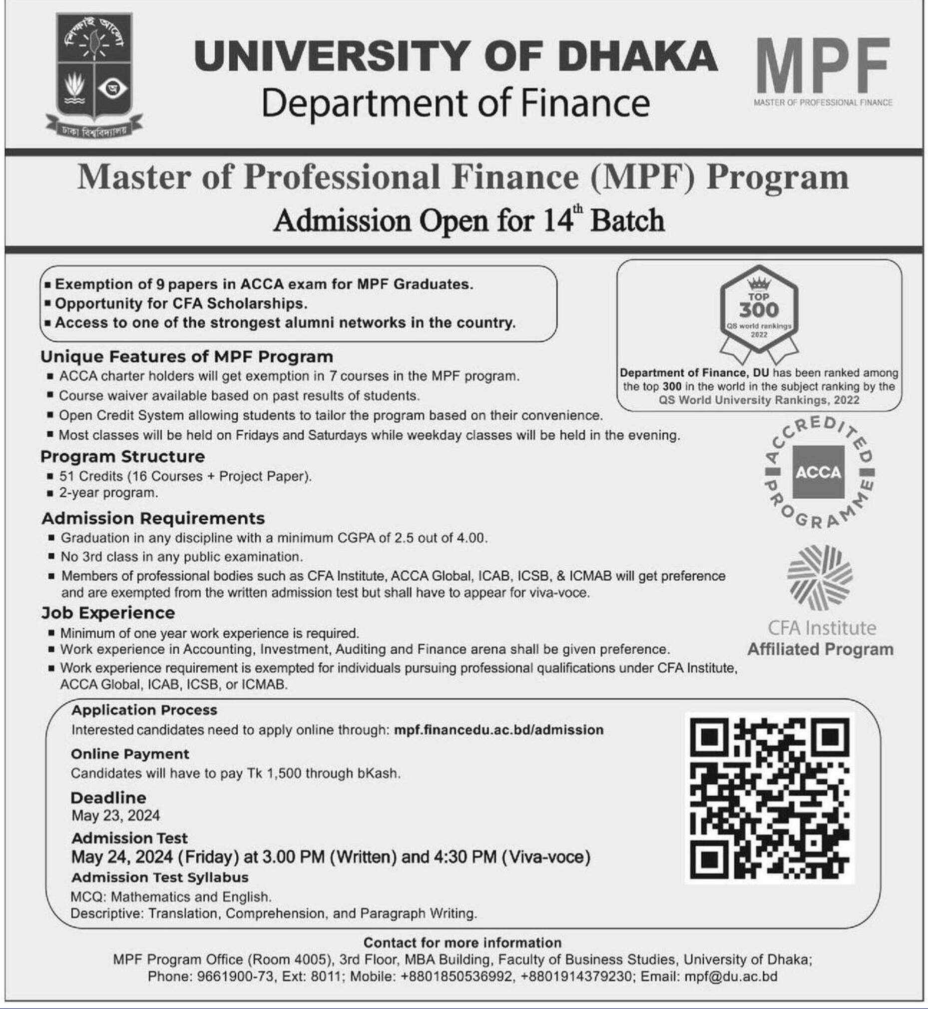 Admission Circular for Admission in Master of Finance