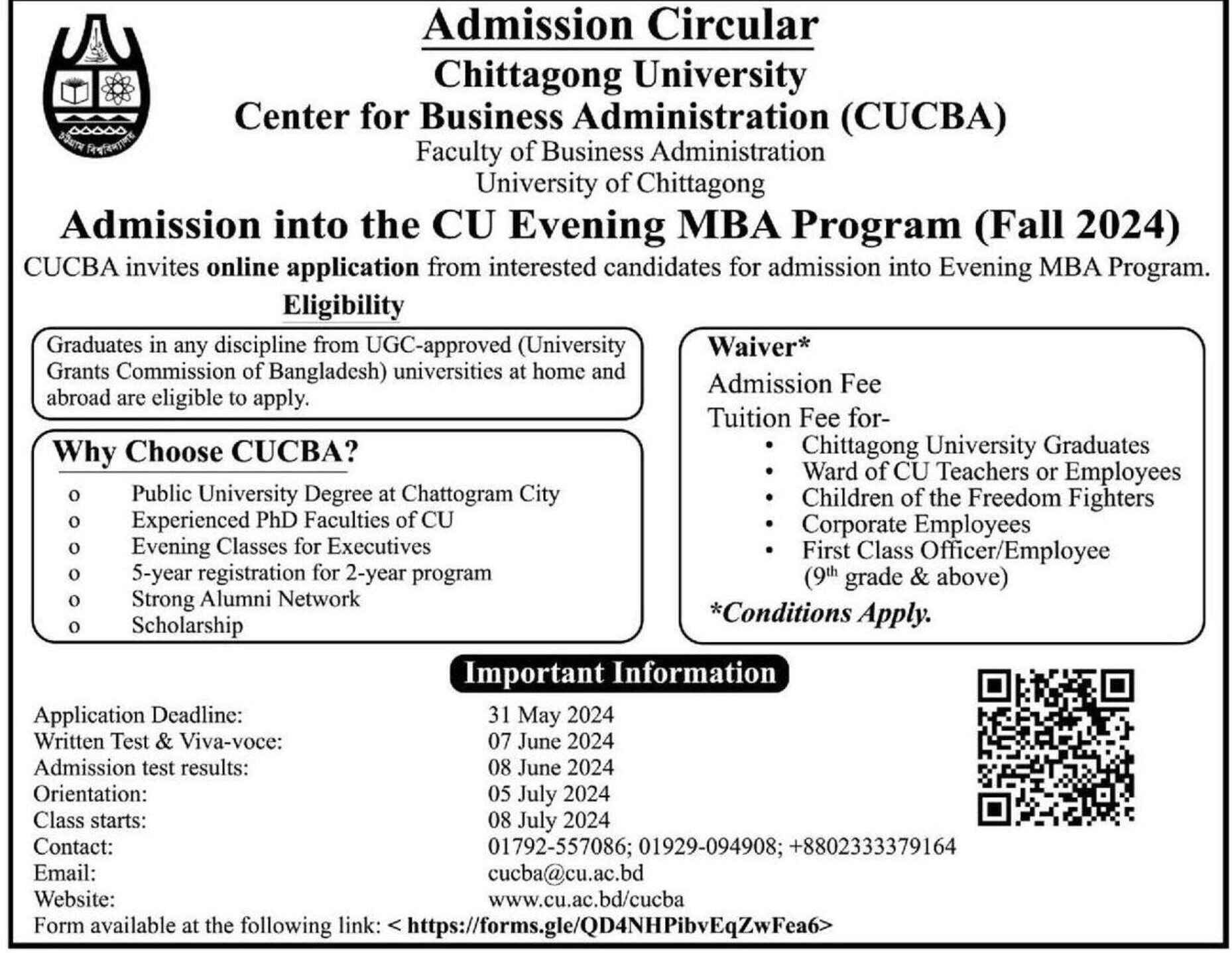 CU MBA Admission Circular | MBA Admission in CU