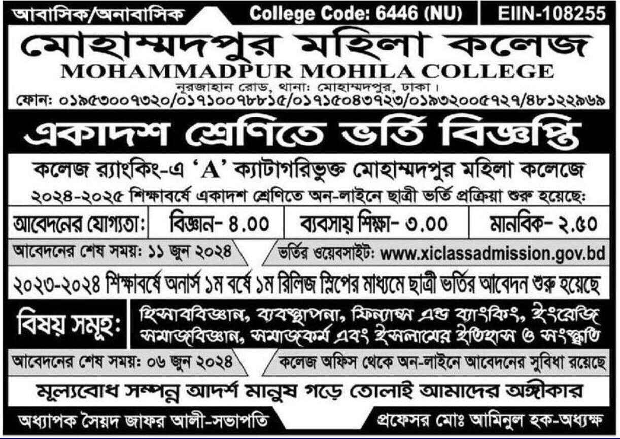 Mohammadpur Mohila College Admission Circular