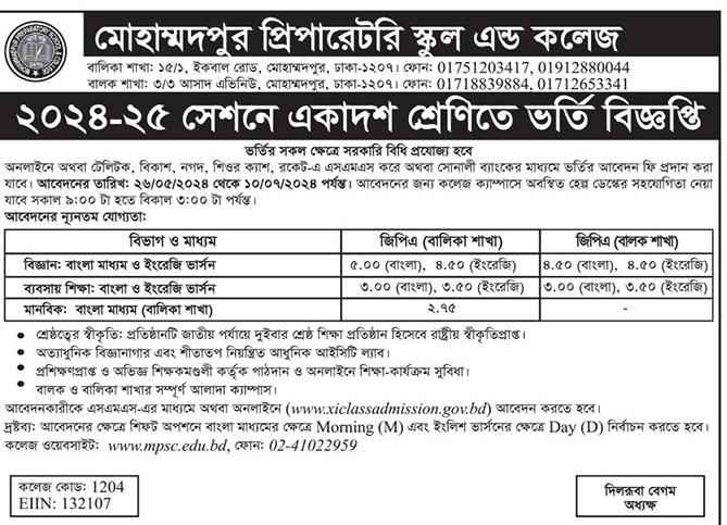 Mohammadpur Preparatory School & College Admission Circular