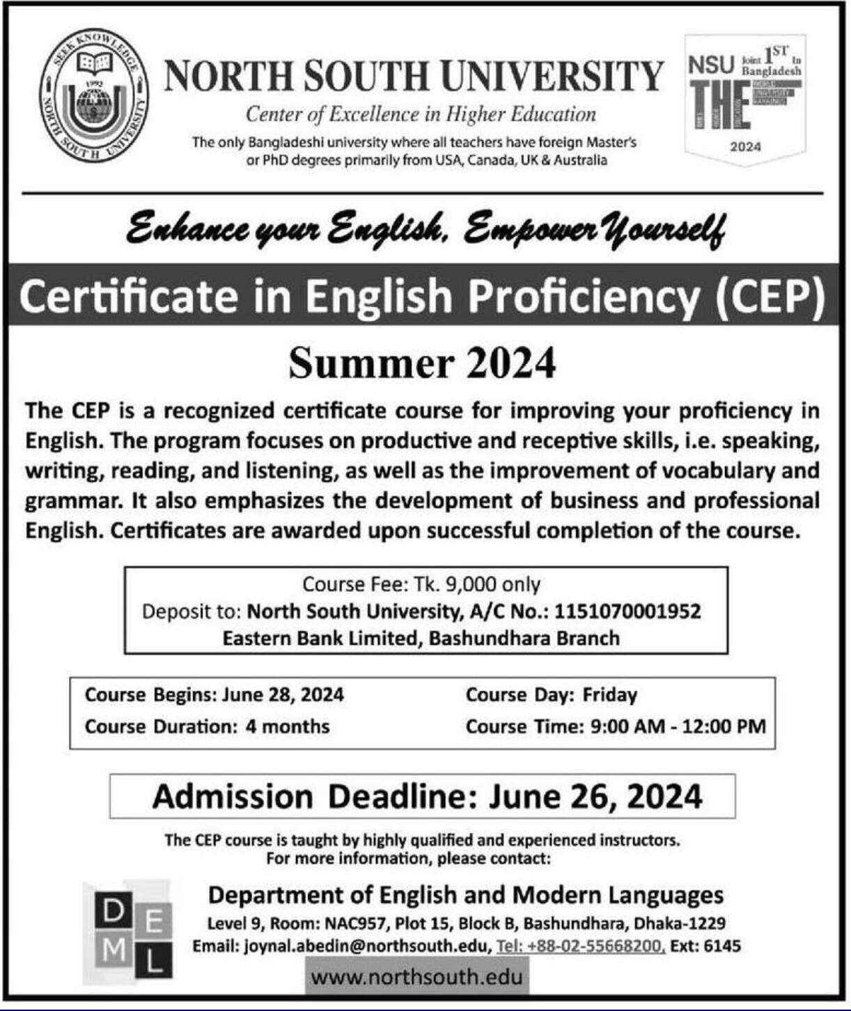 English basic course as Certificate in English Proficiency in NSU