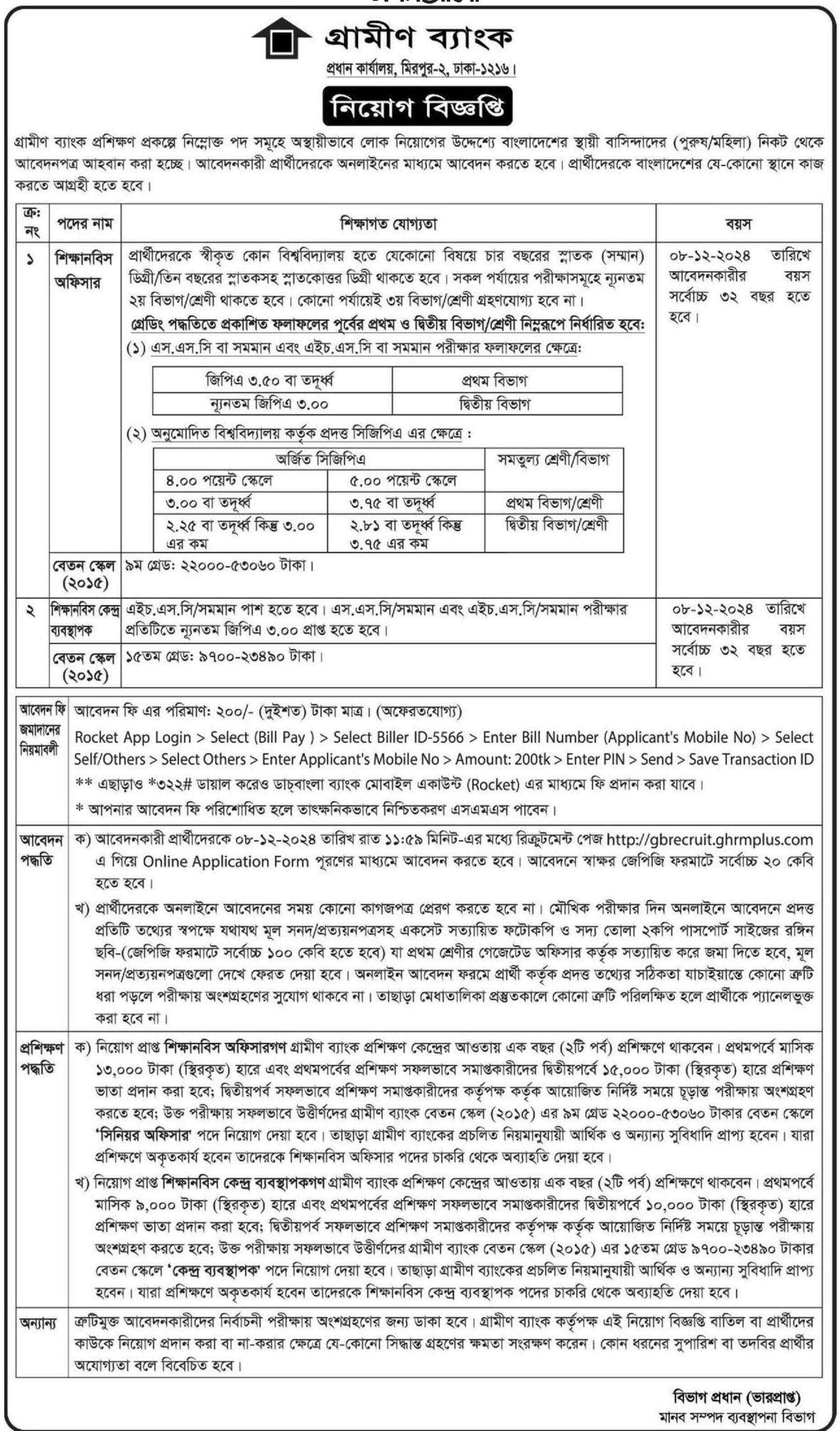 Grameen Bank job for Probationary Officer