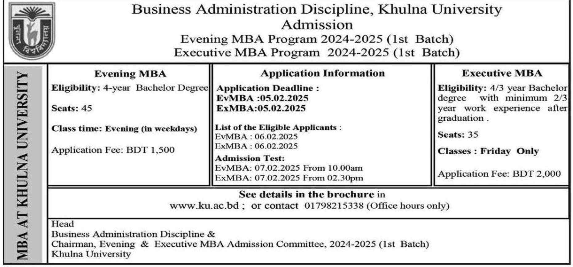 KU Admission circular for Evening and Executive MBA Program