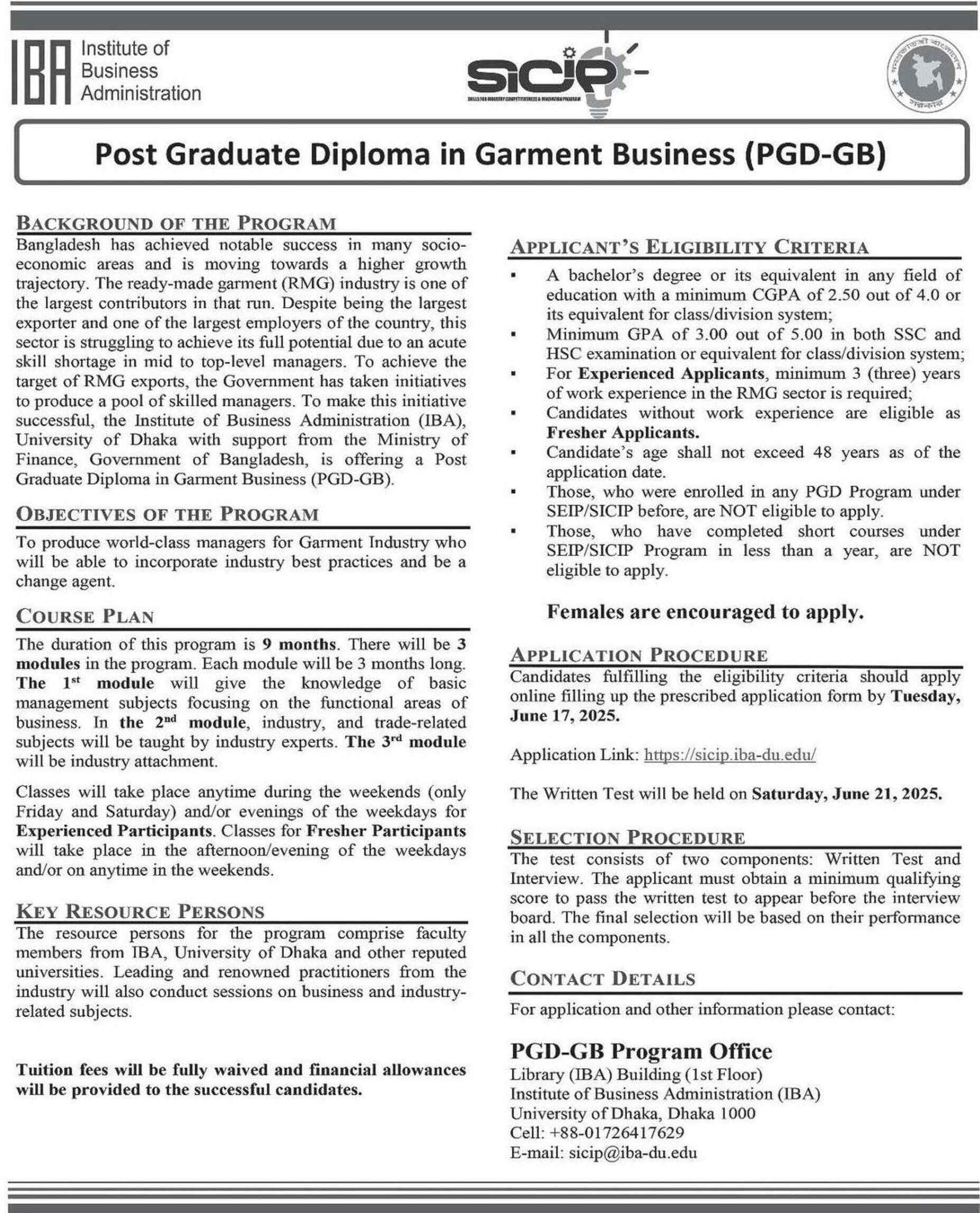 Free Post Graduate Diploma in Garment Business