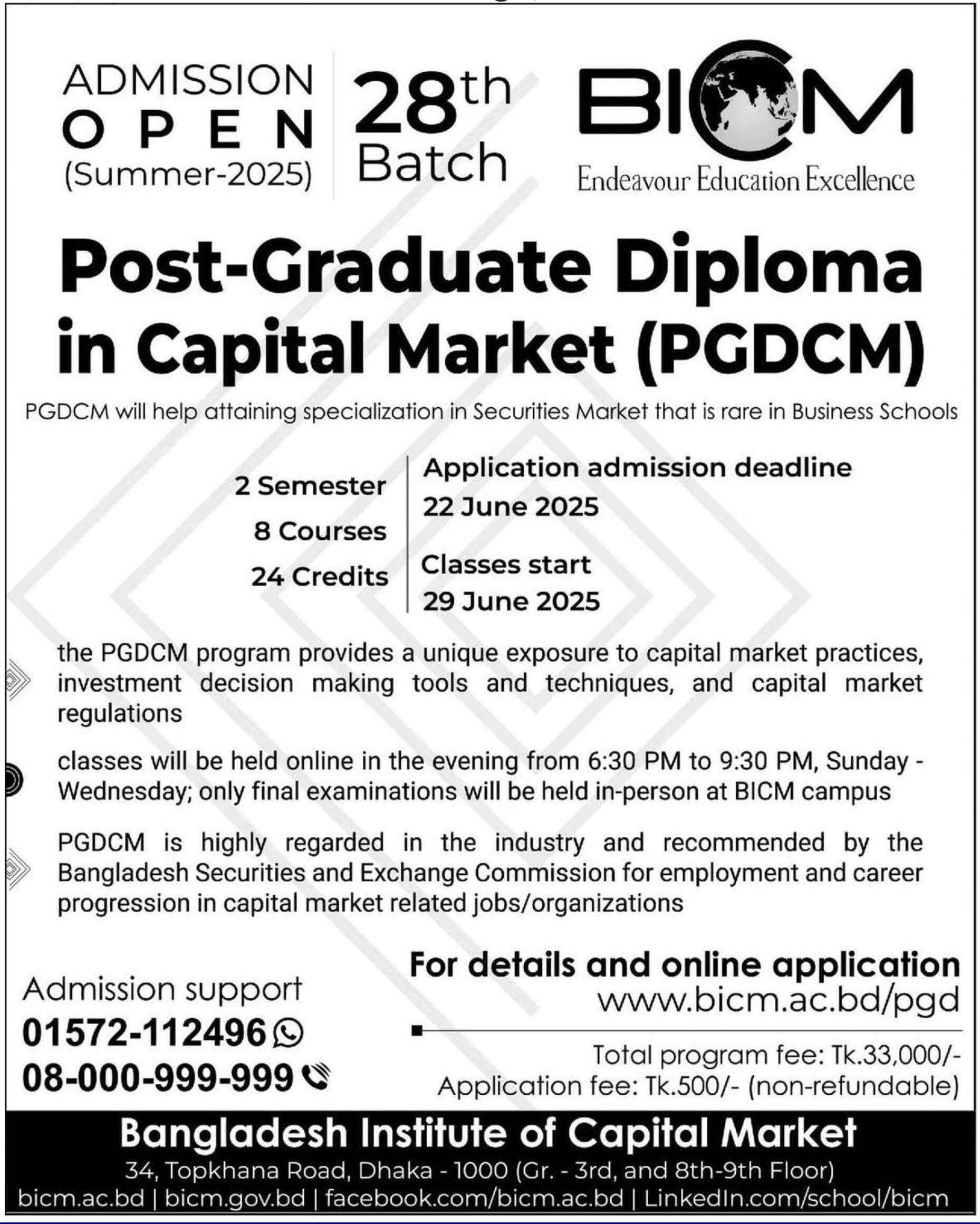 Post Graduate Diploma in Capital Market (PGDCM) at BICM