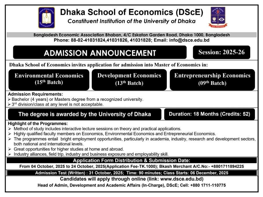 Dhaka School of Economics Admission for Master of Development Economics