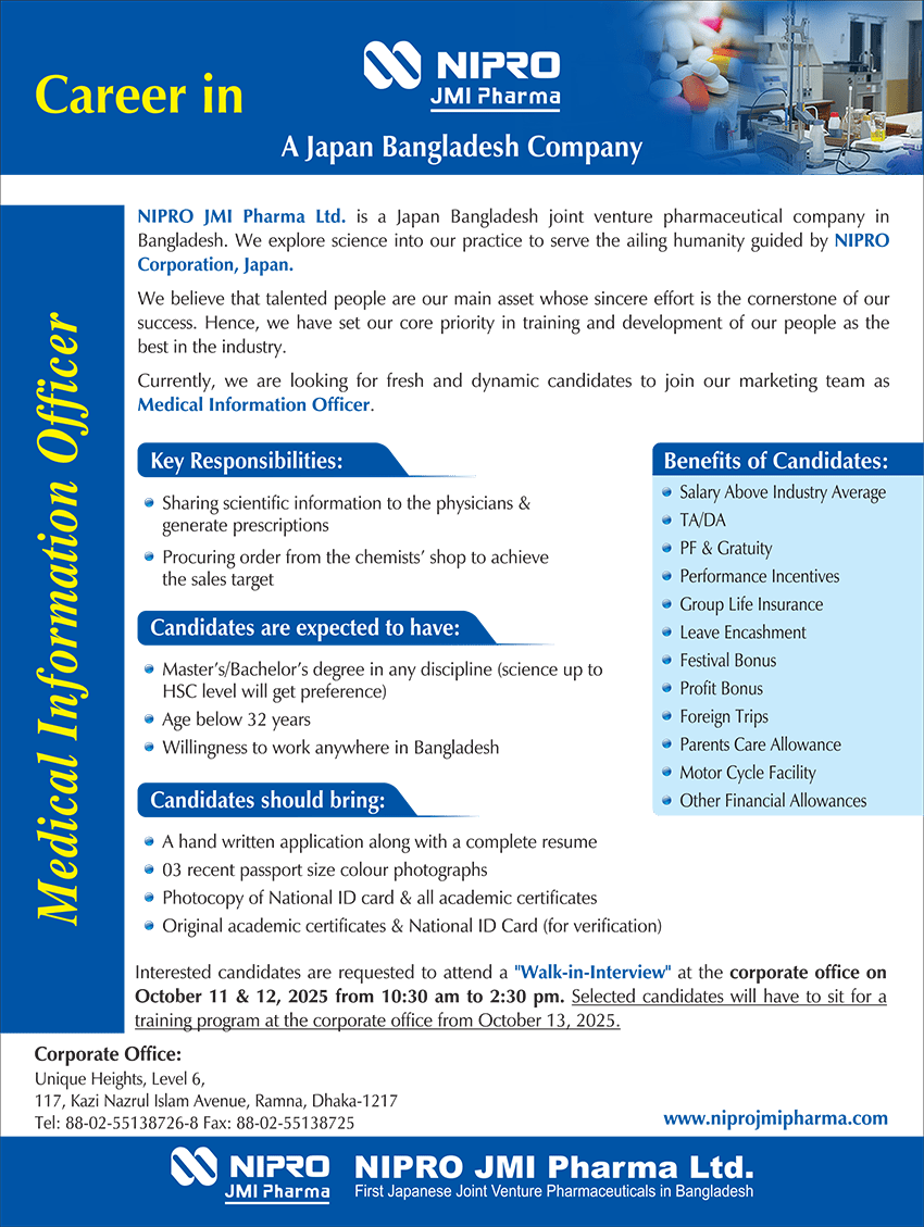 NIPRO JMI Pharma Job in sells and marketing